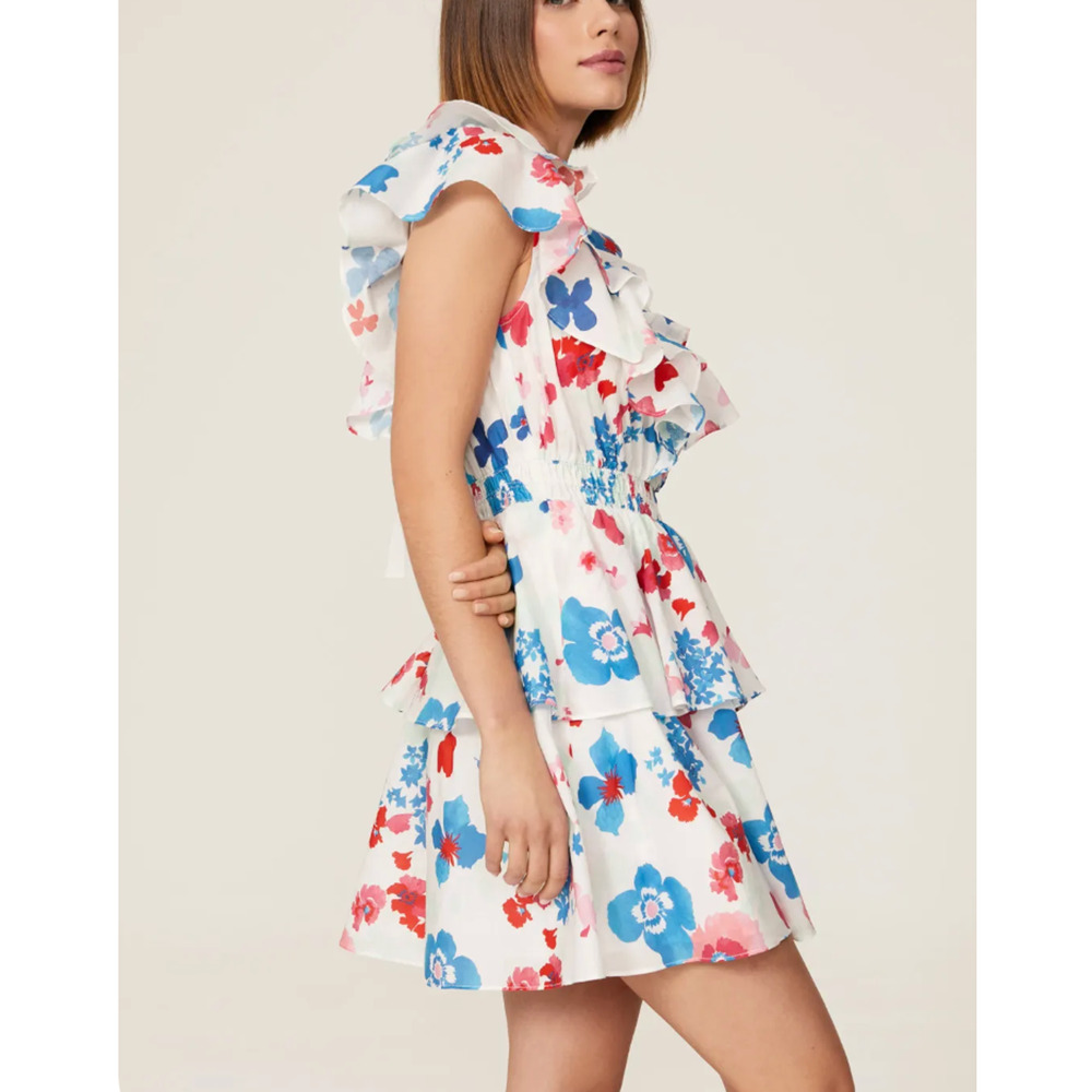 Peter Som Red White Blue Mini Dress SIZE 14 Cotton Ruffle Cottage Designer $355 - Picture 3 of 16